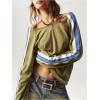 imageWomens Off The Shoulder Color Block Tee Tops Long Sleeve Loose Casual Fall T ShirtsOlive Green
