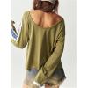 imageWomens Off The Shoulder Color Block Tee Tops Long Sleeve Loose Casual Fall T ShirtsOlive Green