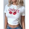 imageWomens Y2K Graphic Shirt Cherry Print Short Sleeve Slim Fitted Summer Vintage Cropped TeeWhite