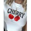 imageWomens Y2K Graphic Shirt Cherry Print Short Sleeve Slim Fitted Summer Vintage Cropped TeeWhite and Red