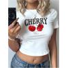 imageWomens Y2K Graphic Shirt Cherry Print Short Sleeve Slim Fitted Summer Vintage Cropped TeeWhite and Red