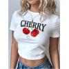 imageWomens Y2K Graphic Shirt Cherry Print Short Sleeve Slim Fitted Summer Vintage Cropped TeeWhite and Red