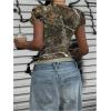 imageWomens Y2k Camo Maple Leaf Print Crop T Shirts Crew Neck Short Sleeve Slim Fit Tops Grunge Going OutMulticolor
