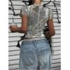 imageWomens Y2k Camo Maple Leaf Print Crop T Shirts Crew Neck Short Sleeve Slim Fit Tops Grunge Going OutWhite and Green
