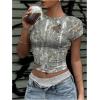 imageWomens Y2k Camo Maple Leaf Print Crop T Shirts Crew Neck Short Sleeve Slim Fit Tops Grunge Going OutWhite and Green