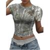 imageWomens Y2k Camo Maple Leaf Print Crop T Shirts Crew Neck Short Sleeve Slim Fit Tops Grunge Going OutWhite and Green