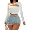 imageWomens Off The Shoulder Cut Out Crop Tops Long Sleeve Slim Fitted Asymmetrical Tee ShirtWhite