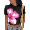 imageWomens Y2k Camo Maple Leaf Print Crop T Shirts Crew Neck Short Sleeve Slim Fit Tops Grunge Going OutBlack and Pink