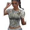 imageWomens Y2k Camo Maple Leaf Print Crop T Shirts Crew Neck Short Sleeve Slim Fit Tops Grunge Going OutWhite and Green
