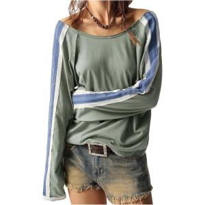 imageWomens Off The Shoulder Color Block Tee Tops Long Sleeve Loose Casual Fall T ShirtsGreen and Blue