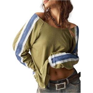 imageWomens Off The Shoulder Color Block Tee Tops Long Sleeve Loose Casual Fall T ShirtsOlive Green