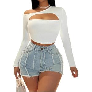 imageWomens Off The Shoulder Cut Out Crop Tops Long Sleeve Slim Fitted Asymmetrical Tee ShirtWhite