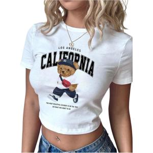 imageWomens Y2K Graphic Shirt Cherry Print Short Sleeve Slim Fitted Summer Vintage Cropped TeeBear White
