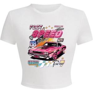 imageWomens Y2K Graphic Shirt Cherry Print Short Sleeve Slim Fitted Summer Vintage Cropped TeeCar White Pink