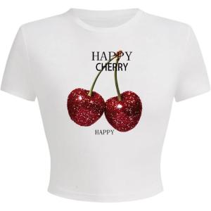 imageWomens Y2K Graphic Shirt Cherry Print Short Sleeve Slim Fitted Summer Vintage Cropped TeeCherry White