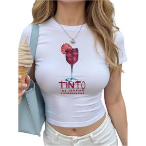 imageWomens Y2K Graphic Shirt Cherry Print Short Sleeve Slim Fitted Summer Vintage Cropped TeeCup White