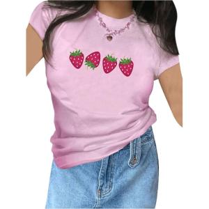 imageWomens Y2K Graphic Shirt Cherry Print Short Sleeve Slim Fitted Summer Vintage Cropped TeePink Graphic