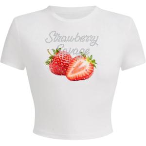 imageWomens Y2K Graphic Shirt Cherry Print Short Sleeve Slim Fitted Summer Vintage Cropped TeeRhinestone White