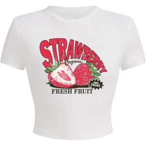imageWomens Y2K Graphic Shirt Cherry Print Short Sleeve Slim Fitted Summer Vintage Cropped TeeStrawberry White