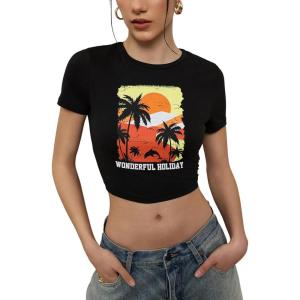 imageWomens Y2K Graphic Shirt Cherry Print Short Sleeve Slim Fitted Summer Vintage Cropped TeeTropical Black
