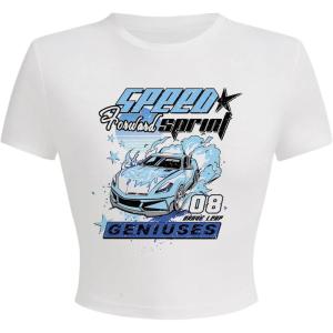 imageWomens Y2K Graphic Shirt Cherry Print Short Sleeve Slim Fitted Summer Vintage Cropped TeeWhite Blue Car