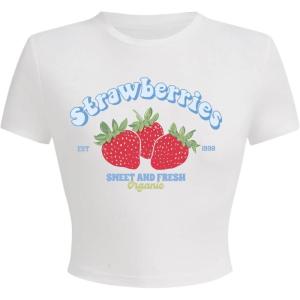 imageWomens Y2K Graphic Shirt Cherry Print Short Sleeve Slim Fitted Summer Vintage Cropped TeeWhite Blue Red