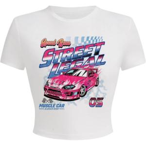 imageWomens Y2K Graphic Shirt Cherry Print Short Sleeve Slim Fitted Summer Vintage Cropped TeeWhite Car