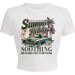 imageWomens Y2K Graphic Shirt Cherry Print Short Sleeve Slim Fitted Summer Vintage Cropped TeeWhite Green Car