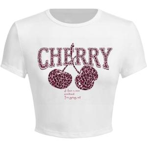 imageWomens Y2K Graphic Shirt Cherry Print Short Sleeve Slim Fitted Summer Vintage Cropped TeeWhite Leopard Cherry