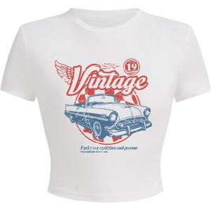 imageWomens Y2K Graphic Shirt Cherry Print Short Sleeve Slim Fitted Summer Vintage Cropped TeeWhite Orange Car