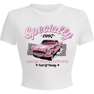 imageWomens Y2K Graphic Shirt Cherry Print Short Sleeve Slim Fitted Summer Vintage Cropped TeeWhite Pink Car