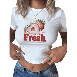 imageWomens Y2K Graphic Shirt Cherry Print Short Sleeve Slim Fitted Summer Vintage Cropped TeeWhite Strawberry