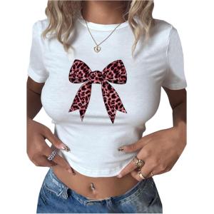 imageWomens Y2K Graphic Shirt Cherry Print Short Sleeve Slim Fitted Summer Vintage Cropped TeeWhite With Bow