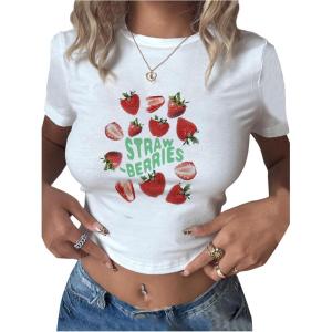 imageWomens Y2K Graphic Shirt Cherry Print Short Sleeve Slim Fitted Summer Vintage Cropped TeeWhite With Graphic