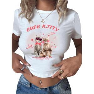 imageWomens Y2K Graphic Shirt Cherry Print Short Sleeve Slim Fitted Summer Vintage Cropped TeeWhite With Pink