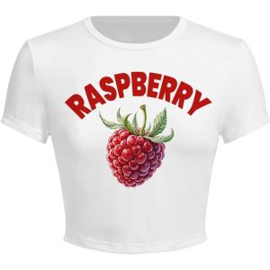 imageWomens Y2K Graphic Shirt Cherry Print Short Sleeve Slim Fitted Summer Vintage Cropped TeeWhite With Red