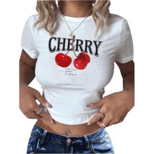 imageWomens Y2K Graphic Shirt Cherry Print Short Sleeve Slim Fitted Summer Vintage Cropped TeeWhite and Red