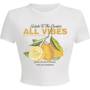 imageWomens Y2K Graphic Shirt Cherry Print Short Sleeve Slim Fitted Summer Vintage Cropped TeeWhite and Yellow