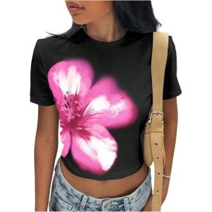 imageWomens Y2k Camo Maple Leaf Print Crop T Shirts Crew Neck Short Sleeve Slim Fit Tops Grunge Going OutBlack and Pink