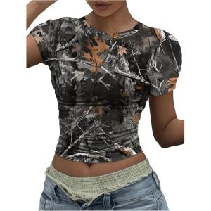 imageWomens Y2k Camo Maple Leaf Print Crop T Shirts Crew Neck Short Sleeve Slim Fit Tops Grunge Going OutLight Grey