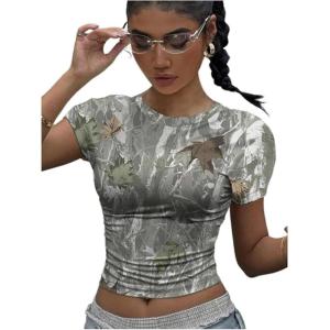 imageWomens Y2k Camo Maple Leaf Print Crop T Shirts Crew Neck Short Sleeve Slim Fit Tops Grunge Going OutWhite and Green