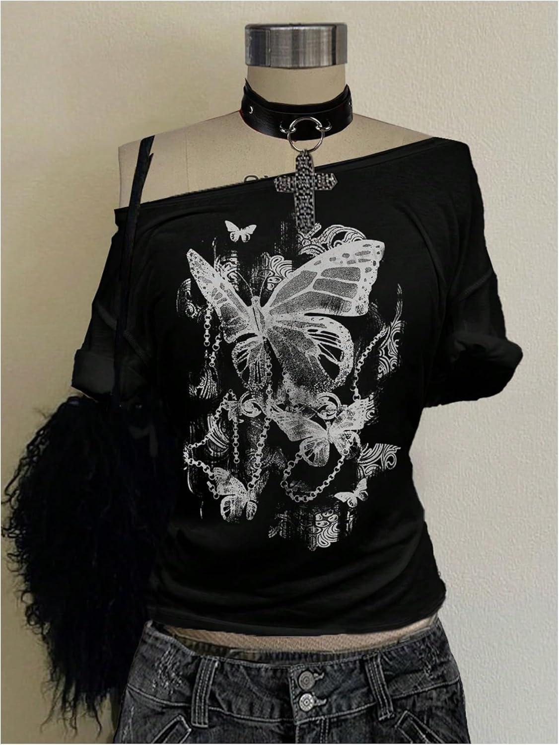 imageWomens Y2k Off The Shoulder Tees Goth Graphic Vintage Oversized Short Sleeve T Shirt StreetwearBlack