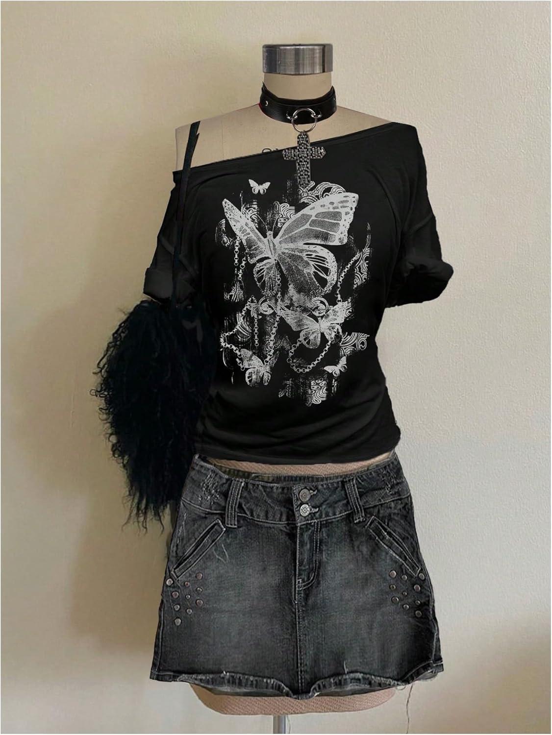 imageWomens Y2k Off The Shoulder Tees Goth Graphic Vintage Oversized Short Sleeve T Shirt StreetwearBlack