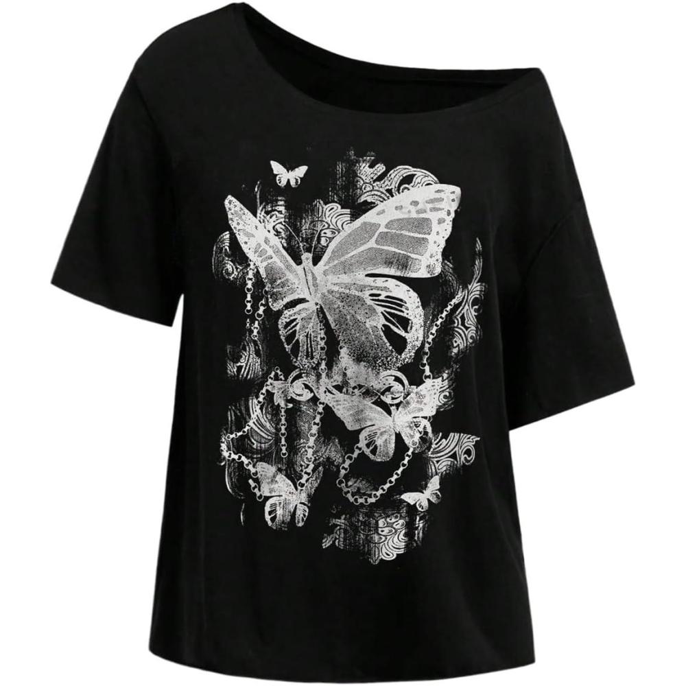 imageWomens Y2k Off The Shoulder Tees Goth Graphic Vintage Oversized Short Sleeve T Shirt StreetwearBlack