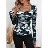 imageWomens Camo Print Long Sleeve TShirt Square Neck Slim Fit Casual Fall TopGrey