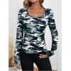 imageWomens Camo Print Long Sleeve TShirt Square Neck Slim Fit Casual Fall TopGrey