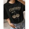 imageWomens Cherry Print Tee Shirt Short Sleeve Crew Neck Drop Shoulder Vintage Tee TopsBlack Leopard