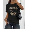 imageWomens Cherry Print Tee Shirt Short Sleeve Crew Neck Drop Shoulder Vintage Tee TopsBlack Leopard