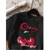 imageWomens Cherry Print Tee Shirt Short Sleeve Crew Neck Drop Shoulder Vintage Tee TopsBlack Red
