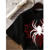 imageWomens Cherry Print Tee Shirt Short Sleeve Crew Neck Drop Shoulder Vintage Tee TopsBlack With Red